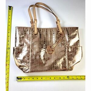 Michael Kors Metallic Rose Gold Tote Bag Large Shopper Handbag MK Logo